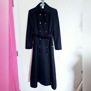 Chloe vintage wool Belted peacoat double breast long coat navy blue fitted Trech